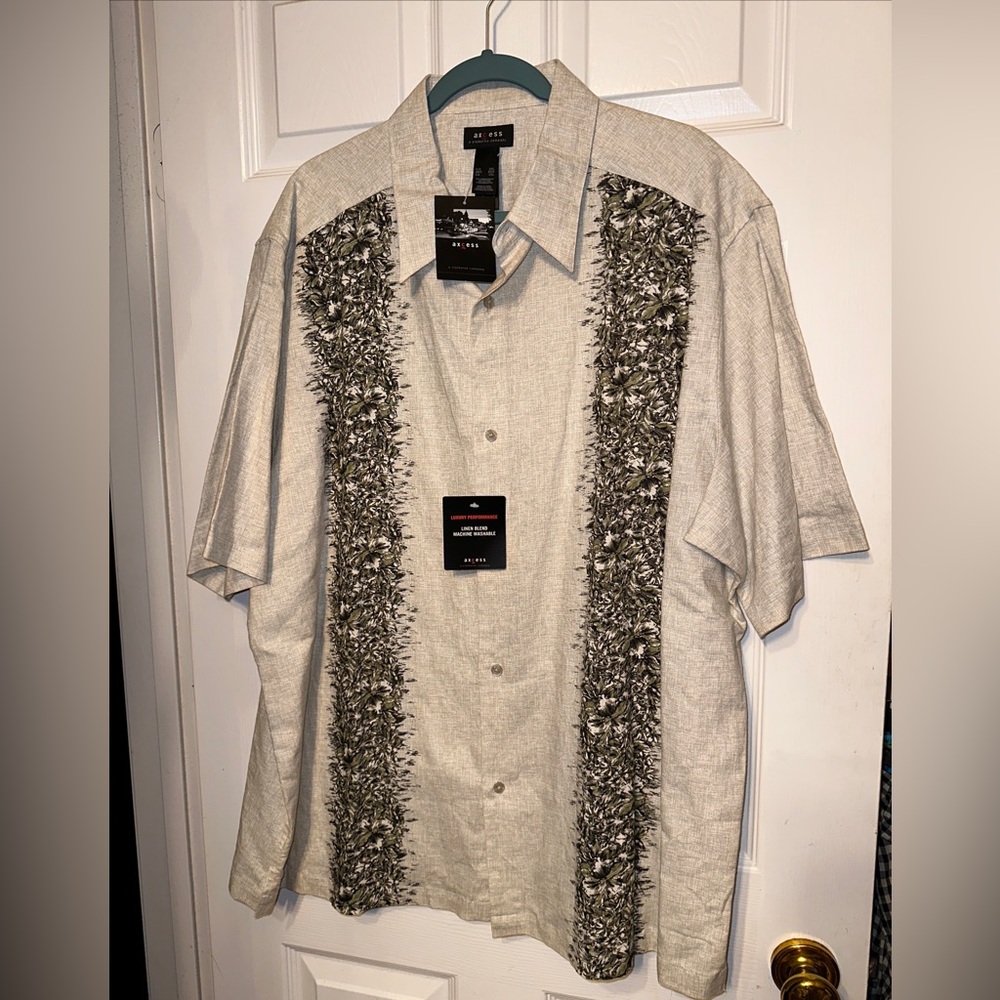 NWT Axcess Button Up Shirt Mens XXL Beige Flora Print Linen Blend SS Casual